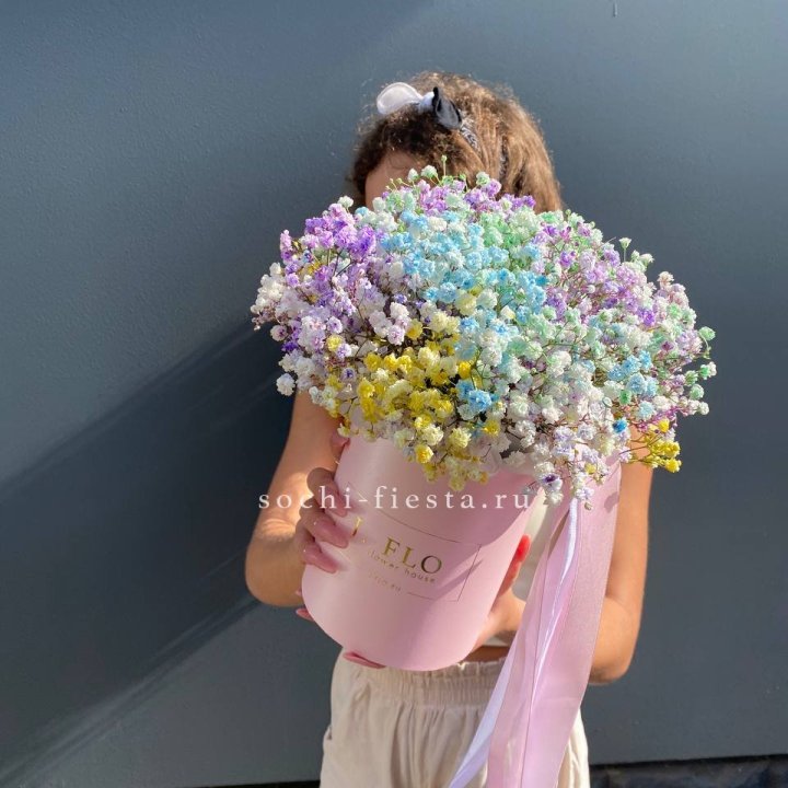Радужные гипсофилы в шляпной коробке в Королёве